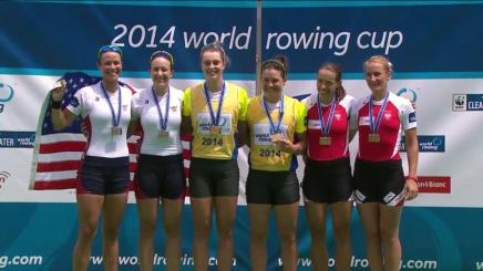 2014 World Cup 2 Women's Double Sculls medalists (L-R: USA, Australia, Poland).
